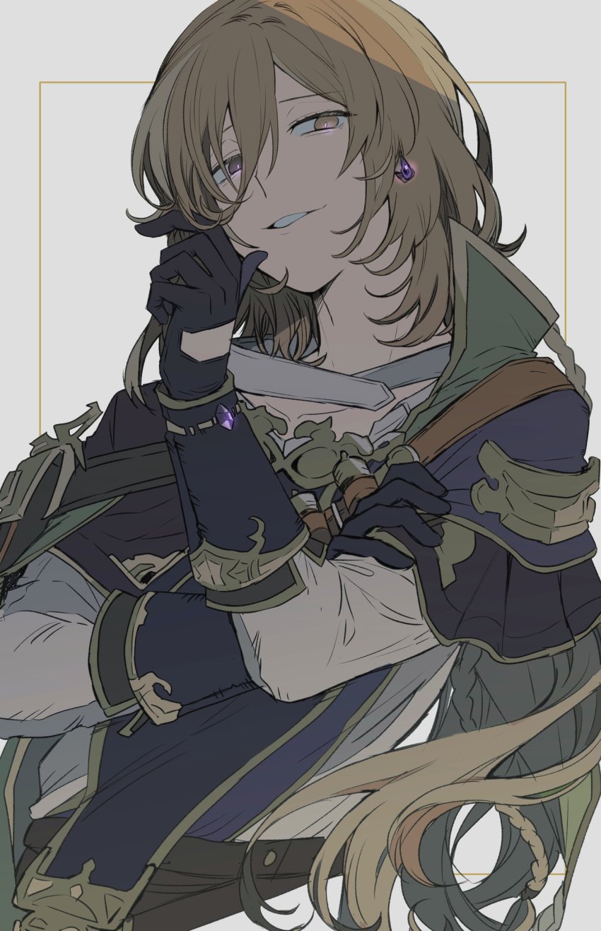1boy braid brown_eyes brown_hair ear_piercing gloves granblue_fantasy grey_background hand_on_own_cheek hand_on_own_face highres jewelry kuzumiya_yuyu lamorak_(granblue_fantasy) long_bangs long_hair male_focus piercing shirt smile solo white_shirt