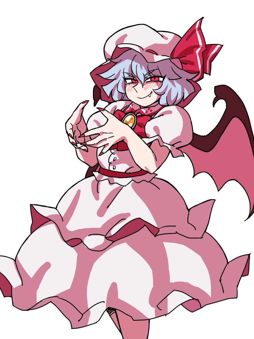 1girl bat_wings blush bow bowtie closed_mouth commentary dress eddybird55555 fang grey_hair hat hat_ribbon highres looking_at_viewer mob_cap red_bow red_bowtie red_eyes red_nails red_ribbon remilia_scarlet ribbon short_hair short_sleeves simple_background smile solo touhou white_background white_dress white_hat wings