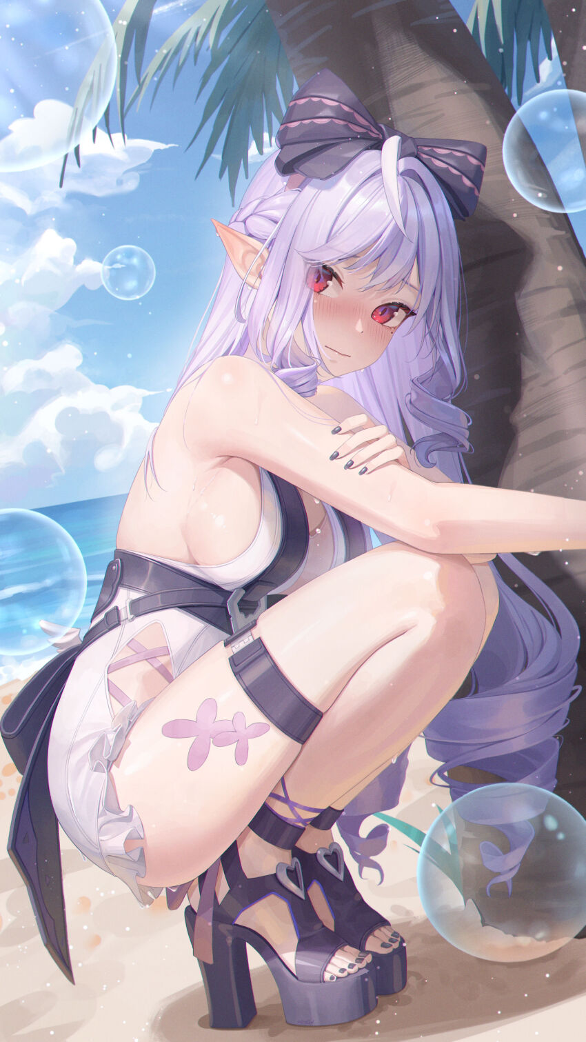 1girl absurdres bare_shoulders black_nails blue_sky blush bow braid breasts closed_mouth commentary day fingernails from_side hair_bow half_up_braid highres jewelry large_breasts long_hair looking_at_viewer looking_to_the_side mole mole_under_eye mrotan nail_polish ocean official_alternate_costume one-piece_swimsuit outdoors pointy_ears purple_bow purple_hair red_eyes shore sideboob sidelocks sky solo squatting swimsuit thighlet thighs toenail_polish toenails very_long_hair vivian_banshee vivian_banshee_(iris_of_the_shore) white_one-piece_swimsuit zenless_zone_zero