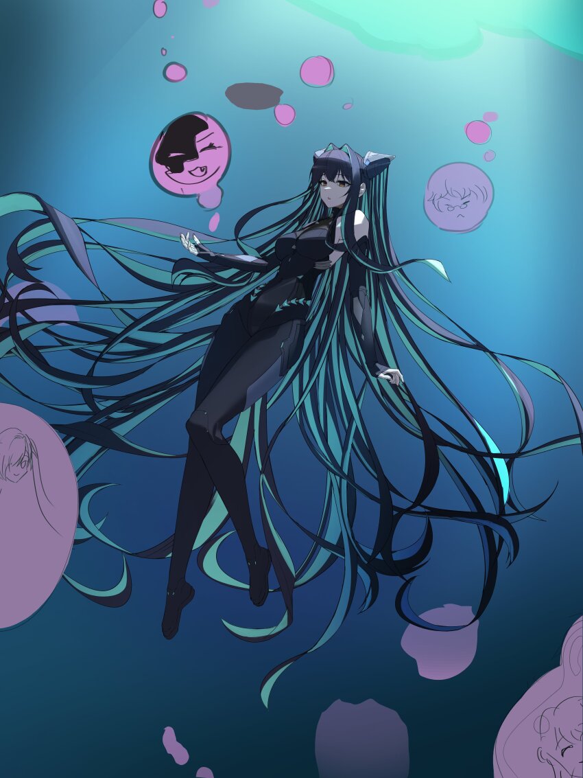1girl abe_(nikke) absurdly_long_hair absurdres aqua_hair black_bodysuit bodysuit bubble cinderella_(nikke) covered_navel disgustingtokki goddess_of_victory:_nikke hair_intakes highres leviathan_(nikke) little_mermaid_(nikke) long_hair old_tales_(nikke) underwater very_long_hair yellow_eyes
