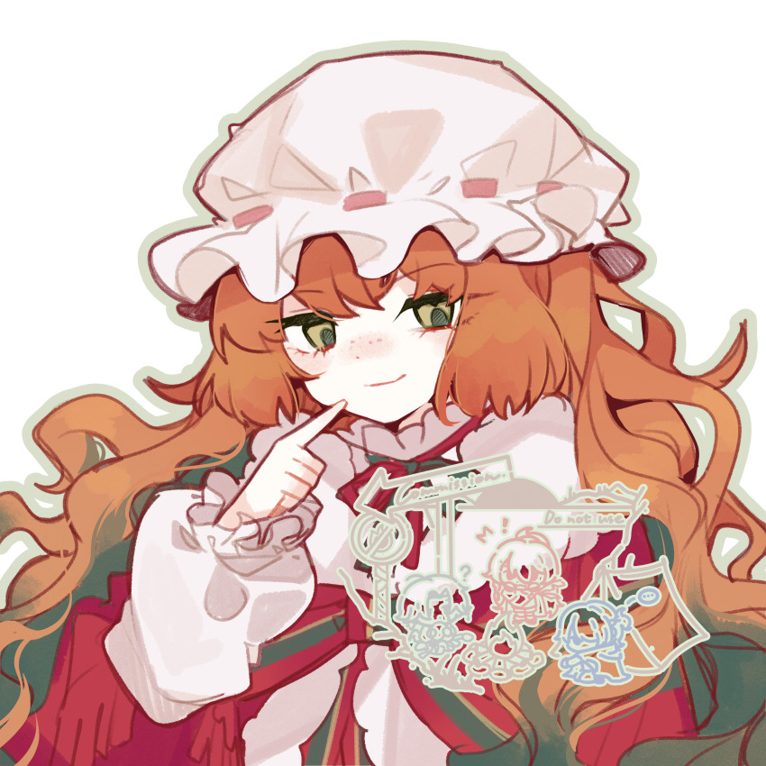 1girl absurdres bow bowtie christmas_nightmare_(e.g.o) closed_mouth commentary_request commission e.g.o_(project_moon) frilled_sleeves frills green_eyes green_hair hat highres homura792 ishmael_(project_moon) limbus_company long_hair long_sleeves mob_cap orange_hair project_moon puffy_long_sleeves puffy_sleeves simple_background smile solo striped_bow striped_bowtie striped_clothes striped_shawl very_long_hair wavy_hair white_background white_hat