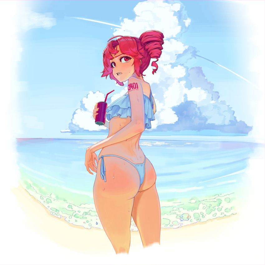 1girl absurdres ahoge alternate_costume ass beach bikini blue_sky blush can character_name cloud commentary_request cropped_legs cumulonimbus_cloud dark_skin day drill_hair drink_can drinking_straw feet_out_of_frame frilled_bikini frills highres holding holding_can kasane_teto layered_bikini lo_thaam looking_ahead looking_back number_tattoo ocean open_mouth red_eyes red_hair red_tattoo shoulder_tattoo side-tie_bikini_bottom sky solo sweat swimsuit tan tattoo twin_drills utau white_bikini