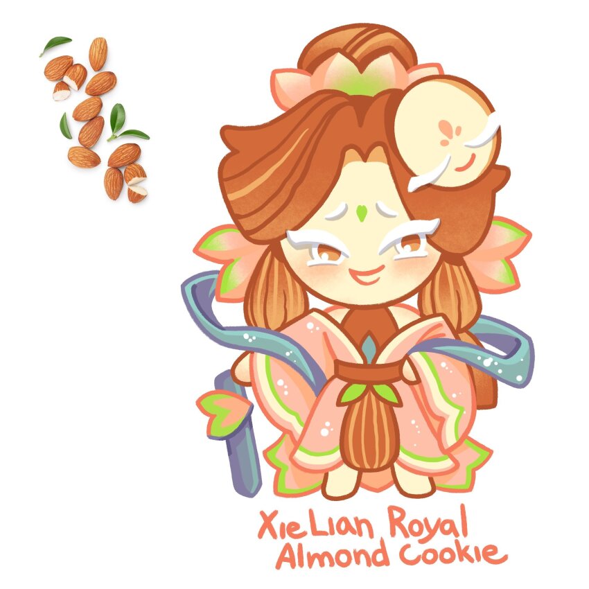 1boy almond amonimy belt blue_ribbon blush brown_belt brown_eyes brown_hair character_name chinese_clothes colored_eyelashes cookie_run english_text facial_mark flower food food-themed_clothes forehead_mark full_body hair_bun hair_ornament hanfu highres holding holding_sword holding_weapon long_hair looking_at_viewer male_focus mask mask_on_head parody parted_bangs photo_inset pink_hanfu reference_inset ribbon sidelocks simple_background single_hair_bun smile solo standing style_parody sword tianguan_cifu weapon white_background white_eyelashes xie_lian xie_lian_(flower_crowned_martial_god)