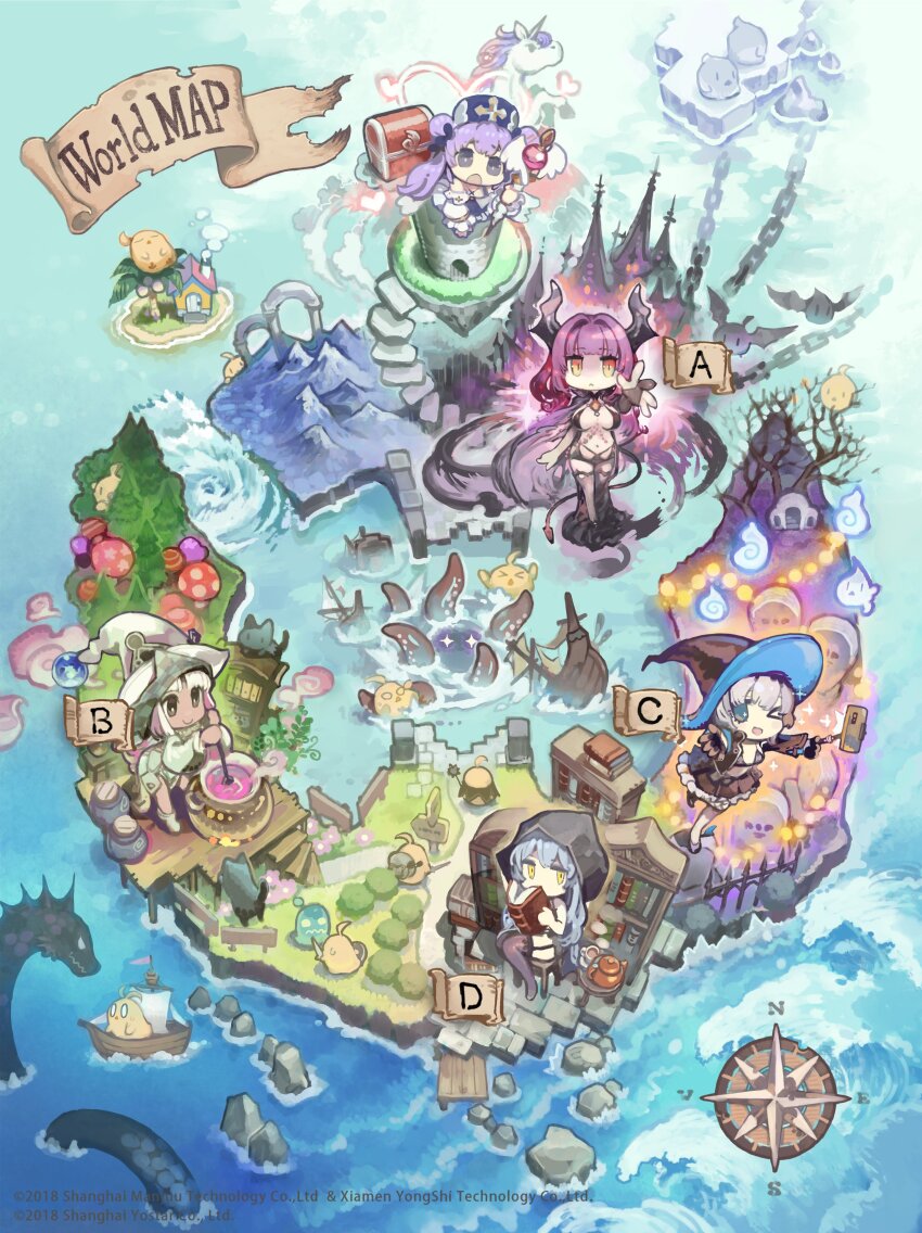 5girls absurdres arkhangelsk_(azur_lane) arkhangelsk_(supporting_sorceress)_(azur_lane) azur_lane black_hat boat bookshelf cauldron cellphone chibi compass demon_horns devonshire_(azur_lane) devonshire_(sadistic_demon)_(azur_lane) forest graveyard hat highres holding holding_staff horns ice jade_(a_good_girl&#039;s_magic)_(azur_lane) jade_(azur_lane) konno_takashi manjuu_(azur_lane) multiple_girls mushroom nature nubian_(azur_lane) nubian_(normal_potion_maker)_(azur_lane) official_alternate_costume official_art phone purple_hair selfie_stick shipwreck smartphone staff tentacles tombstone unicorn_(azur_lane) unicorn_(snow_white_guardian_angel)_(azur_lane) water watercraft waves white_hat witch_hat