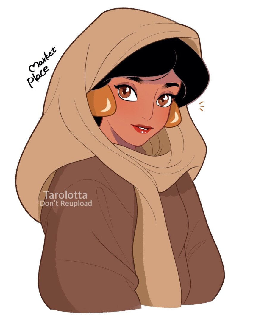 1girl aladdin_(movie) artist_name black_hair brown_robe commentary_request dark-skinned_female dark_skin earrings headscarf highres hijab jasmine_(disney) jewelry parted_lips red_lips robe solo tarolotta upper_body watermark