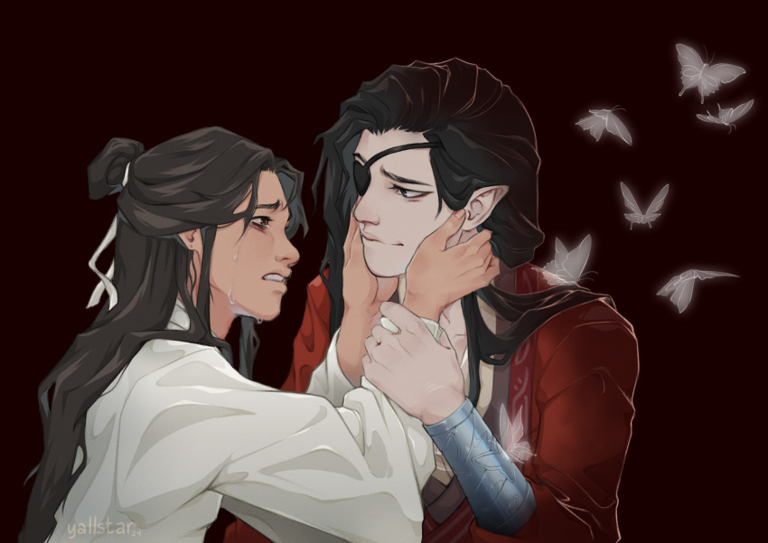 2boys animal bags_under_eyes bandaged_neck bandages black_background black_eyes black_hair bracer brown_eyes brown_hair bug butterfly chinese_clothes closed_mouth commentary couple crying crying_with_eyes_open english_commentary eye_contact eyepatch frown hair_bun hand_on_another&#039;s_arm hands_on_another&#039;s_face hanfu highres hua_cheng insect long_hair long_sleeves looking_at_another male_focus multiple_boys open_mouth pale_skin pointy_ears profile red_background red_hanfu ribbon signature simple_background single_hair_bun smile tears tianguan_cifu transparent_animal upper_body white_butterfly white_hanfu white_ribbon xie_lian yallstar yaoi