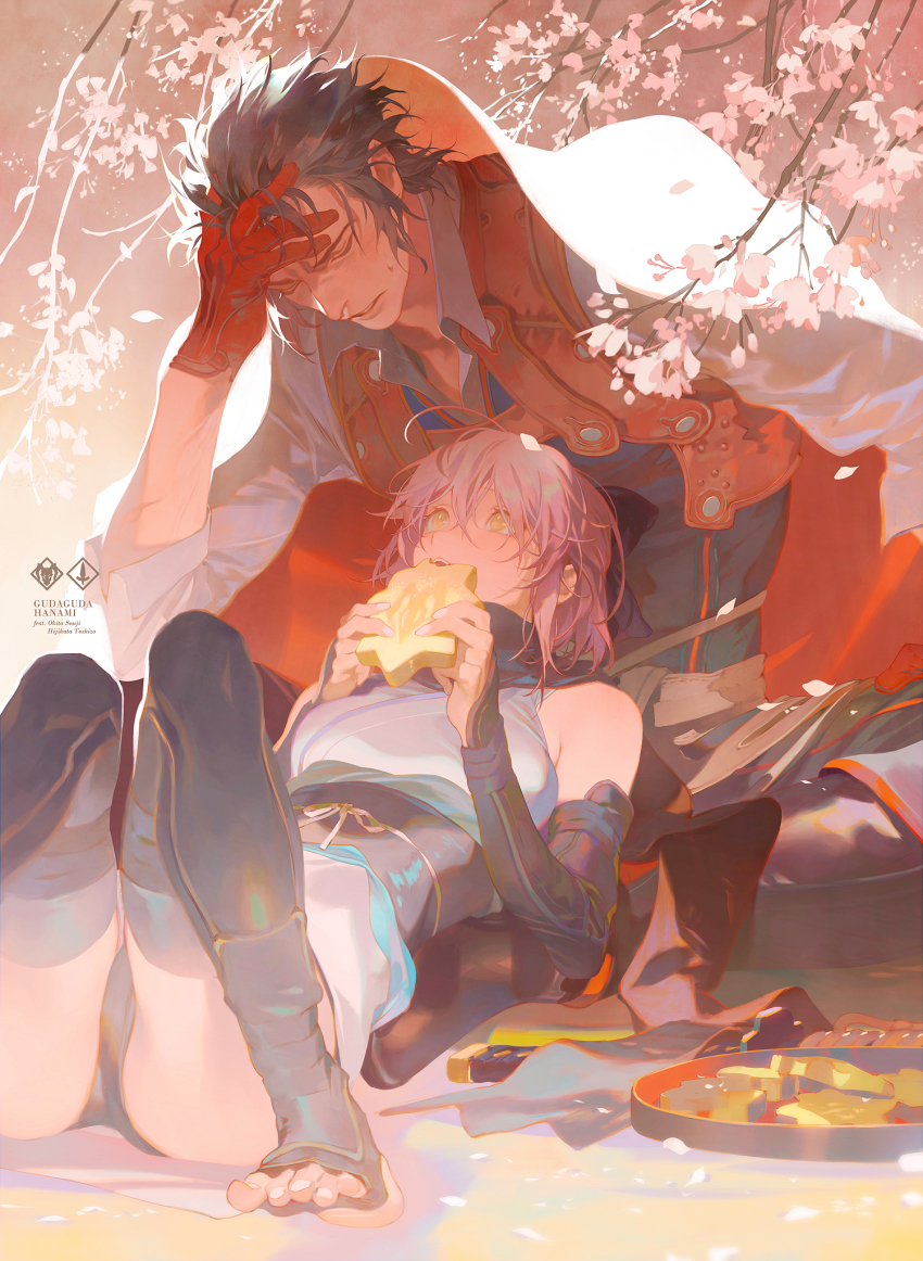 1boy 1girl bare_shoulders belt black_panties black_pants black_scarf black_sleeves black_thighhighs black_vest blue_sash brown_belt brown_hair bud cape character_name cherry_blossoms closed_eyes closed_mouth collared_shirt commentary_request detached_sleeves eating eyelashes falling_petals fate_(series) flower food_request foot_out_of_frame gloves highres hijikata_toshizou_(fate) japanese_clothes kimono lap_pillow long_sleeves looking_at_another obi okita_souji_(fate) outdoors panties pants parted_lips petals pink_flower pink_hair plate red_cape red_gloves rei_(sanbonzakura) ribbon sash scarf shirt short_hair short_kimono sitting sleeveless sleeveless_kimono three-quarter_sleeves sleeves_past_wrists stirrup_legwear sweatdrop teeth thighhighs toeless_legwear toenails toes two-sided_cape two-sided_fabric underwear upper_teeth_only vest waist_ribbon white_cape white_kimono white_ribbon white_shirt yellow_eyes