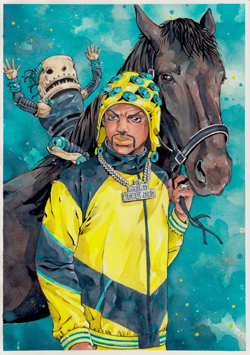1boy 1other absurdres alternate_costume black_hair brown_horse character_name dark-skinned_male dark_skin facial_hair grey_jacket hat hey_ya_(stand) highres jacket jojo_no_kimyou_na_bouken looking_at_viewer multicolored_jacket mustache painting_(medium) pocoloco silver_chain silver_ring stand_(jojo) steel_ball_run traditional_media upper_body watercolor_(medium) xfkart yellow_hat yellow_jacket