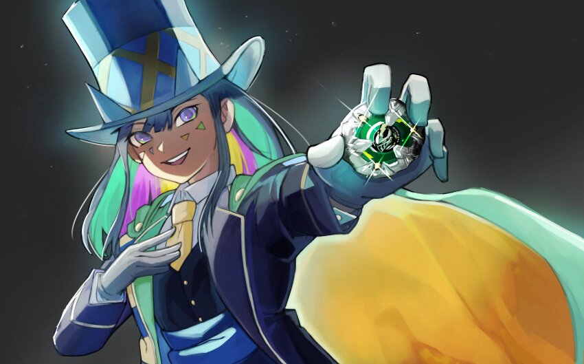 1girl 1other arupg beyblade beyblade_(object) beyblade_x black_background black_coat black_hair black_hat black_vest blonde_hair cape coat commission facial_mark gloves green_hair hat highres holding holding_bey knightmail_3-85bs multicolored_hair nanairo_multi parted_lips purple_eyes purple_hair shirt simple_background solo upper_body vest white_gloves white_shirt yellow_cape