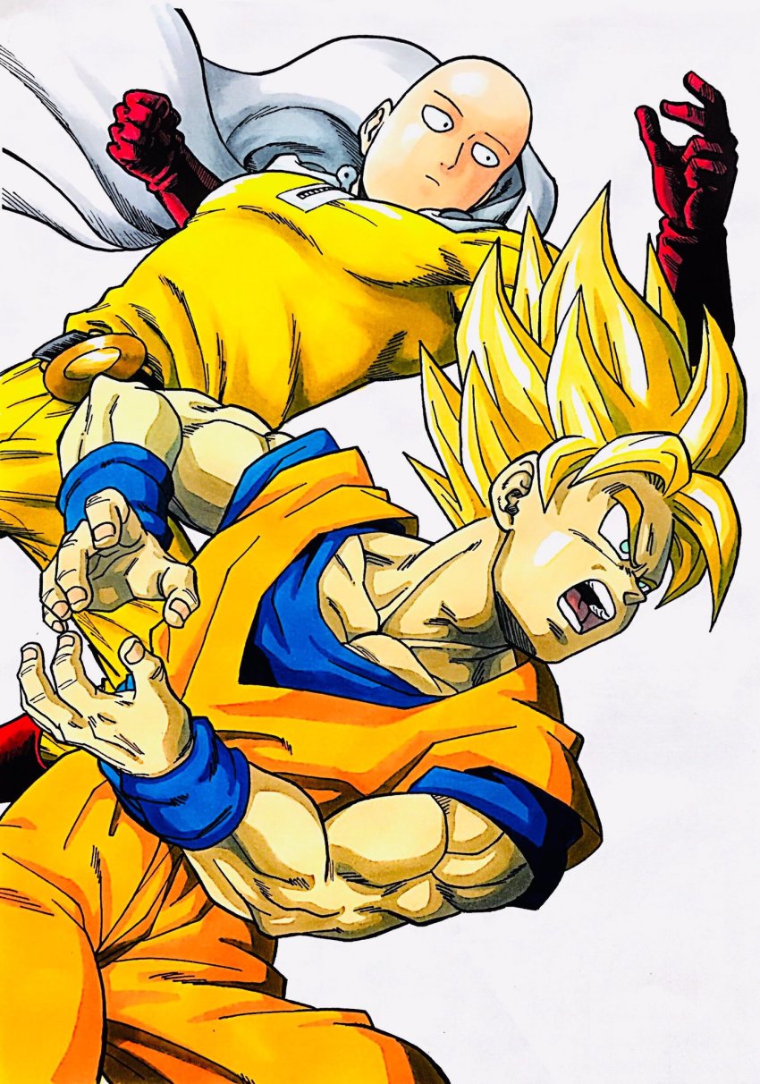 2boys aqua_eyes bald blonde_hair cape clenched_hand crossover dougi dragon_ball dragonball_z expressionless gloves highres lee_(dragon_garou) male_focus marker_(medium) multiple_boys muscular one-punch_man open_mouth red_gloves saitama_(one-punch_man) serious son_goku super_saiyan super_saiyan_1 traditional_media wristband