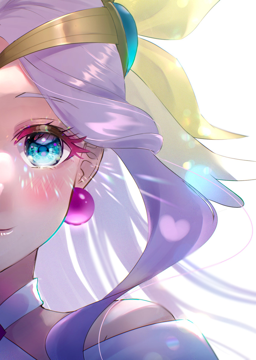 1girl absurdres blue_eyes closed_mouth cure_earth earrings eyelashes floating_hair fuurin_asumi head_out_of_frame healin&#039;_good_precure highres jewelry long_hair looking_at_viewer minccino7 portrait precure purple_hair smile solo white_background