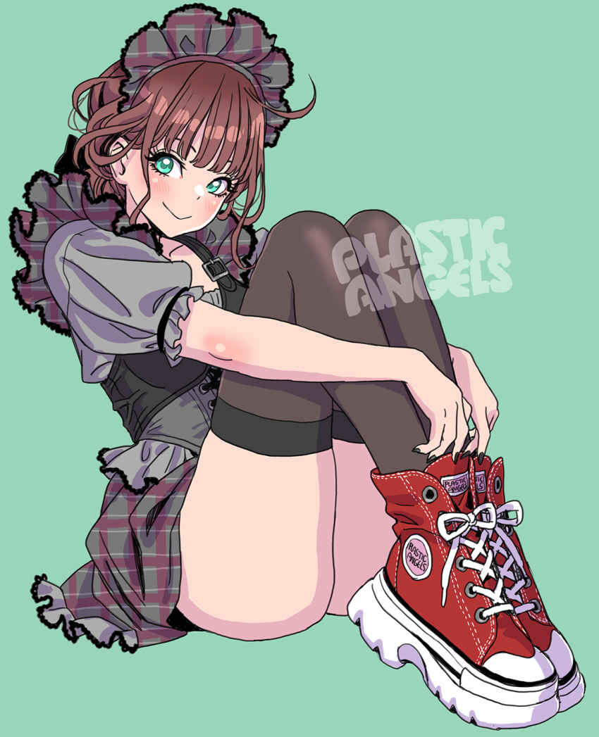 1girl ange_(plastic_angels) ass blush breasts brown_hair copyright_name frills full_body green_background green_eyes highres knees_up legs looking_at_viewer maid maid_headdress no_panties plastic_angels puffy_short_sleeves puffy_sleeves short_sleeves simple_background sitting small_breasts smile solo thighhighs yamashita_shun&#039;ya