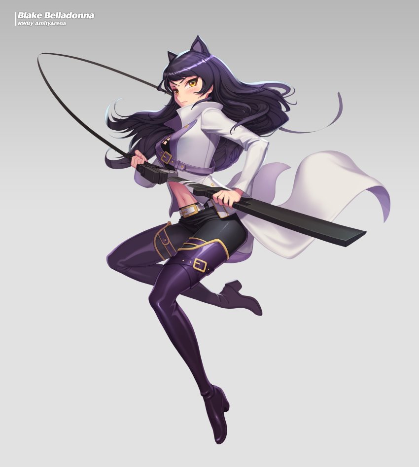 1girl absurdres animal_ears black_hair black_pants blake_belladonna boots cat_ears character_name closed_mouth coat combination_weapon copyright_name crop_top floating_hair full_body gambol_shroud grey_background highres holding holding_sword holding_weapon long_hair midriff navel open_clothes open_coat pants pistol_sword purple_boots rwby sheath solo stomach sword thigh_boots thighhighs unsheathing uyalago very_long_hair weapon white_coat yellow_eyes