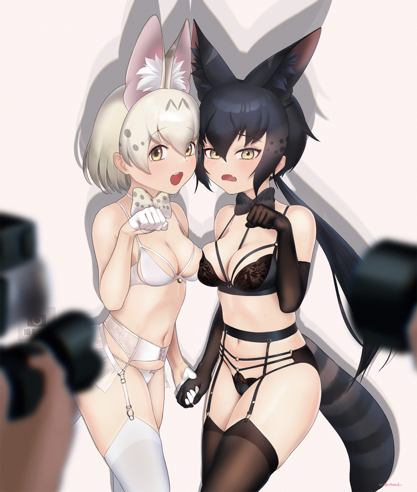 2girls animal_ears bare_shoulders beleven black_hair black_serval_(kemono_friends) bow bowtie bra camera cat_ears cat_girl cat_tail elbow_gloves extra_ears garter_belt garter_straps gloves grey_background highres kemono_friends kemono_friends_3 kneehighs long_hair multiple_girls navel panties short_hair simple_background socks tail underwear white_hair white_serval_(kemono_friends) yellow_eyes