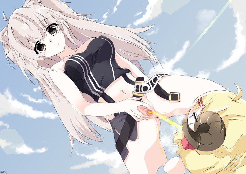 2girls absurdres ahoge animal_ear_fluff animal_ear_piercing animal_ears belly from_below blonde_hair bottomless censored closed_mouth cloud cloudy_sky crop_top drinking_pee golden_shower grey_eyes grey_hair hair_between_eyes hair_ornament hairclip highres hololive horns lion_ears lion_girl long_hair looking_down midriff mosaic_censoring multiple_girls navel no_panties outdoors pee peeing pussy sheep_girl sheep_horns shirt shishiro_botan shishiro_botan_(1st_costume) sky sleeveless sleeveless_shirt smile spread_legs spread_pussy steam tsunomaki_watame virtual_youtuber watterywinter yuri