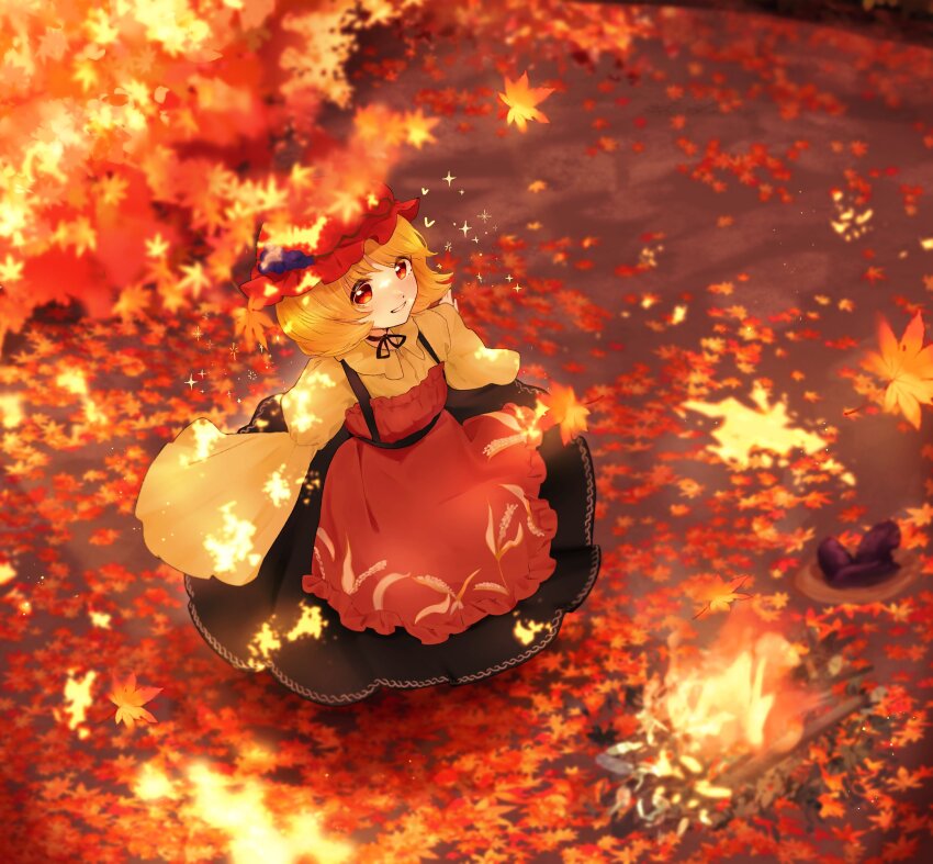 1girl absurdres aki_minoriko apron black_skirt blonde_hair full_body grape_hat_ornament hat highres looking_at_viewer motsi_x outdoors print_apron red_apron red_eyes red_hat shirt short_hair skirt smile solo touhou wheat_print yellow_shirt