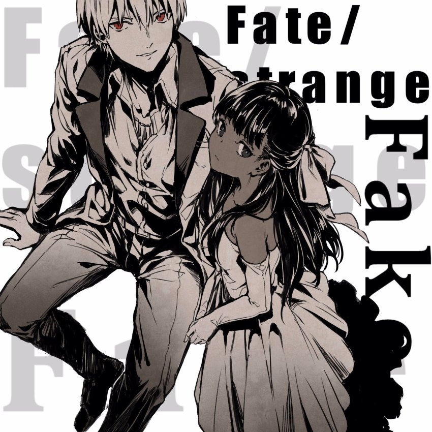 1girl bare_shoulders bow brown_hair copyright_name dark_skin dress elbow_gloves fate/strange_fake fate_(series) from_above gilgamesh_(fate) gloves hair_bow high_contrast highres long_hair red_eyes redoxhn sitting spot_color tine_chelc