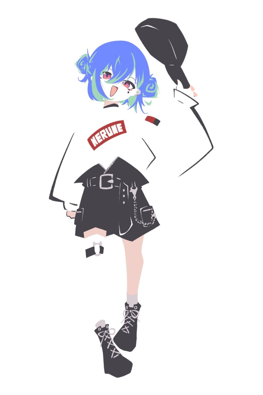 12_shichou 1girl asymmetrical_legwear baseball_cap belt black_belt black_hat black_shorts blue_hair commentary_request double_bun full_body green_hair hair_between_eyes hair_bun hat highres holding holding_unworn_clothes holding_unworn_hat long_bangs long_sleeves looking_at_viewer mole mole_under_eye multicolored_hair nanashi_inc. no_lineart open_mouth pink_eyes short_hair shorts simple_background smile socks solo suzumi_nemo suzumi_nemo_(2nd_costume) sweater thighhighs two-tone_hair unworn_hat unworn_headwear virtual_youtuber white_background white_socks white_sweater white_thighhighs