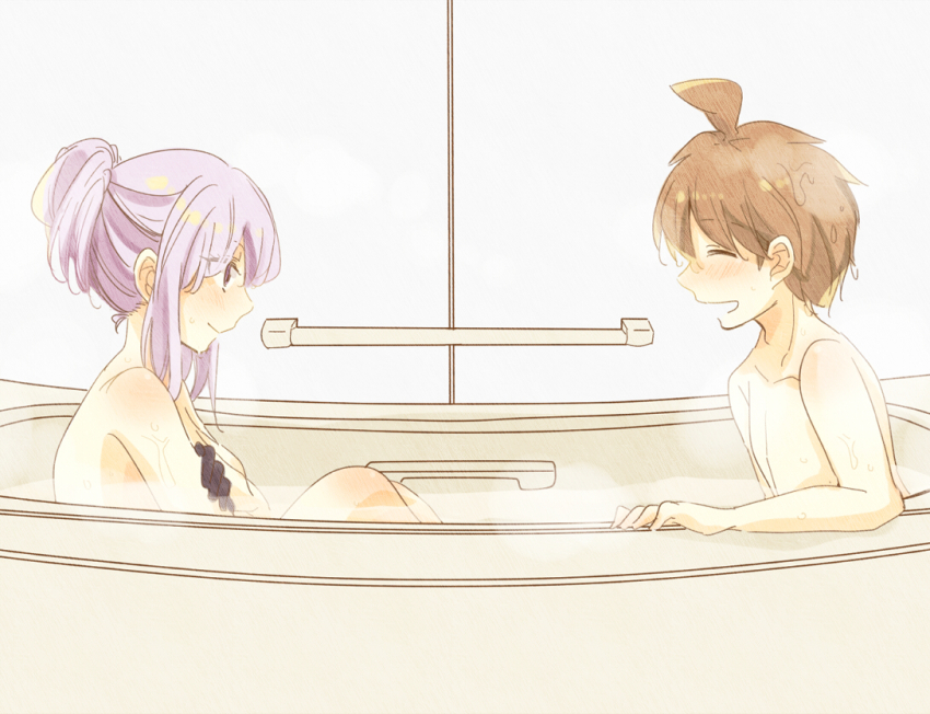 1boy 1girl ahoge bare_shoulders bath bathtub black_gloves brown_hair closed_eyes collarbone danganronpa:_trigger_happy_havoc danganronpa_(series) gloves hair_bun kirigiri_kyoko long_hair looking_at_another naegi_makoto open_mouth partially_submerged purple_eyes purple_hair shared_bathing short_hair wet zawameki