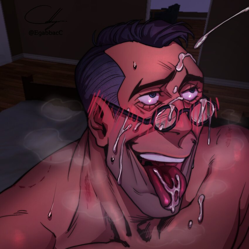 2boys bara bite_mark bite_mark_on_shoulder black_hair blue_eyes cabbage_(ncalabby) collarbone completely_nude cum cum_in_mouth cum_on_body cum_on_eyewear cum_on_tongue cum_on_upper_body ejaculation facial glasses happy heavy_breathing hickey hickey_marks hickeys_on_neck highres looking_at_another looking_to_the_side looking_up male_focus mature_male medic_(tf2) multiple_boys muscular muscular_male nude out-of-frame_character out_of_frame out_of_frame_male projectile_cum short_hair smile team_fortress_2 teeth tongue tongue_out upper_body upper_teeth_only yaoi