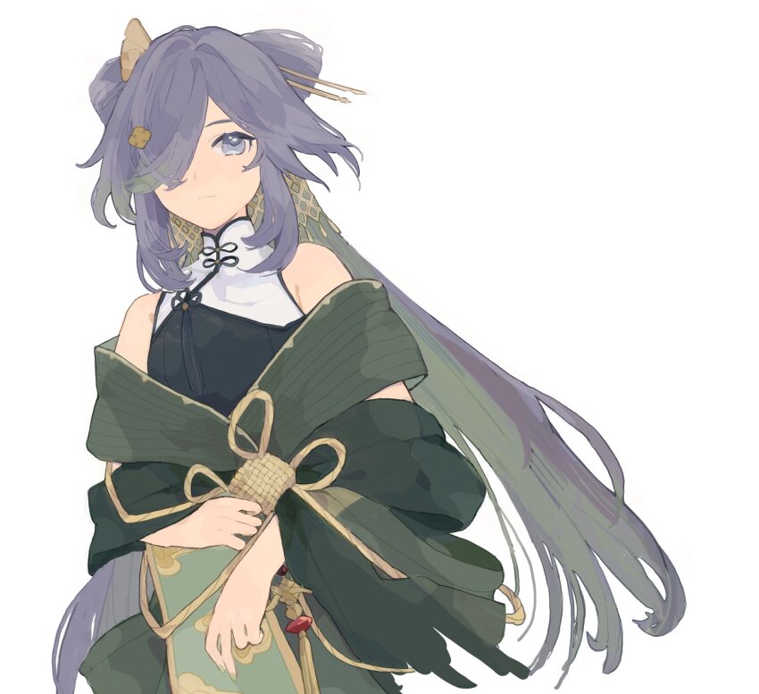 1girl bare_shoulders black_dress blue_eyes closed_mouth copyright_request dress hair_ornament hair_over_one_eye hair_stick highres long_hair looking_at_viewer mogomaco purple_hair simple_background sleeveless sleeveless_dress solo very_long_hair white_background