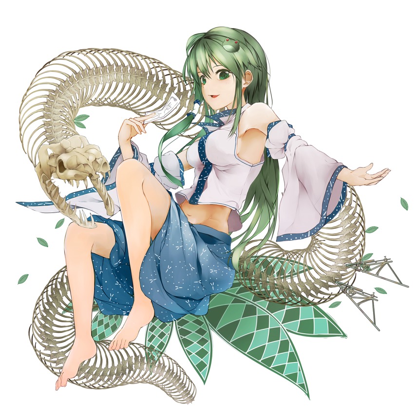 1girl animal armpits barefoot crop_top crop_top_overhang detached_sleeves female_focus frog_hair_ornament full_body green_hair hair_ornament hair_tubes highres japanese_clothes kochiya_sanae leaf long_hair long_sleeves looking_at_viewer miko ofuda open_mouth radiosity_(yousei) simple_background skeleton skirt smile snake solo touhou white_background wide_sleeves