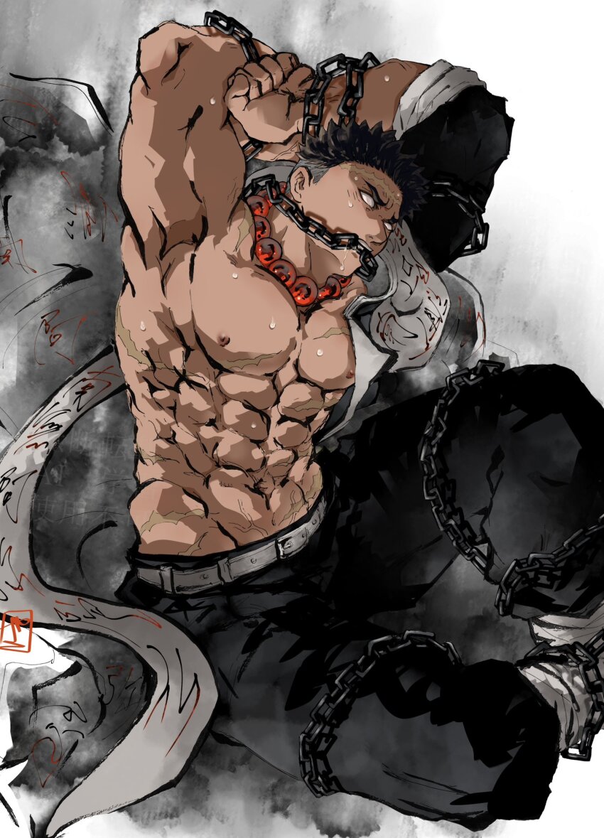1boy bara belt black_hair chain chained copyright_request gagged highres muscular muscular_male sweatdrop topless_male yae_(8lsymojkn1y5bly)