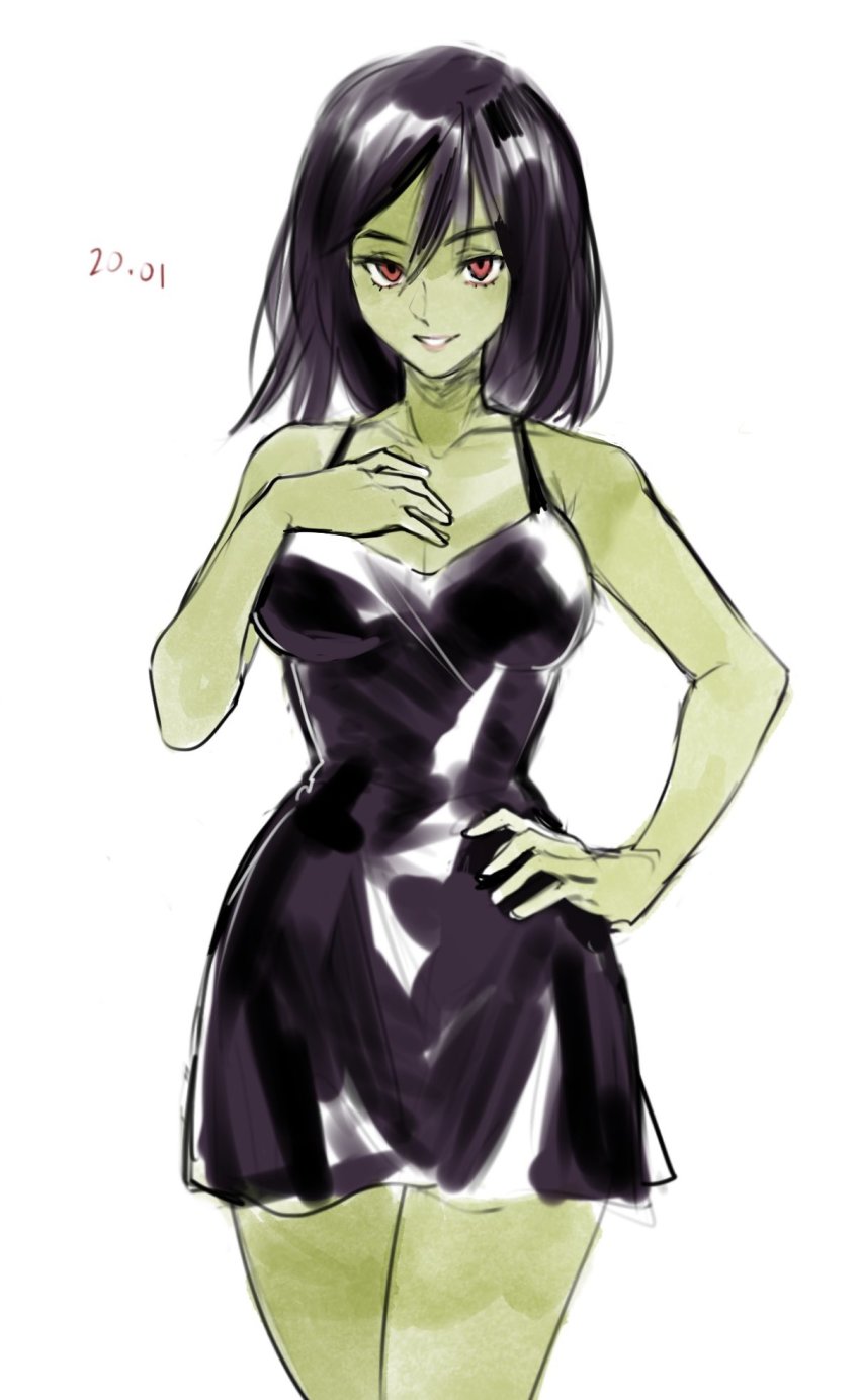 1girl animification aubz banjo-kazooie black_dress breasts cleavage collarbone commentary dress english_commentary gruntilda_winkybunion hair_between_eyes hand_on_own_chest hand_on_own_hip highres medium_breasts medium_hair orange_eyes parted_lips smile solo white_background