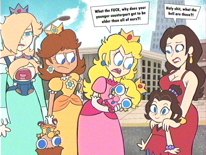 aged_down baby baby_carrier baby_daisy baby_peach baby_rosalina bare_shoulders blonde_hair blue_eyes breasts brown_hair cleavage crown crying donkey_kong_(series) donkey_kong_bananza dress drooling earrings flower_earrings gloves gold_earrings hair_over_one_eye highres jewelry lolwutburger long_hair mario_(series) mario_kart mouth_drool multiple_girls nintendo open_mouth orange_dress pacifier pauline_(mario) pauline_(young)_(mario) pink_dress princess_daisy princess_peach red_dress rosalina shoes short_hair short_sleeves silver_crown sleeveless toon_(style) upside-down white_gloves young_pauline_(character)