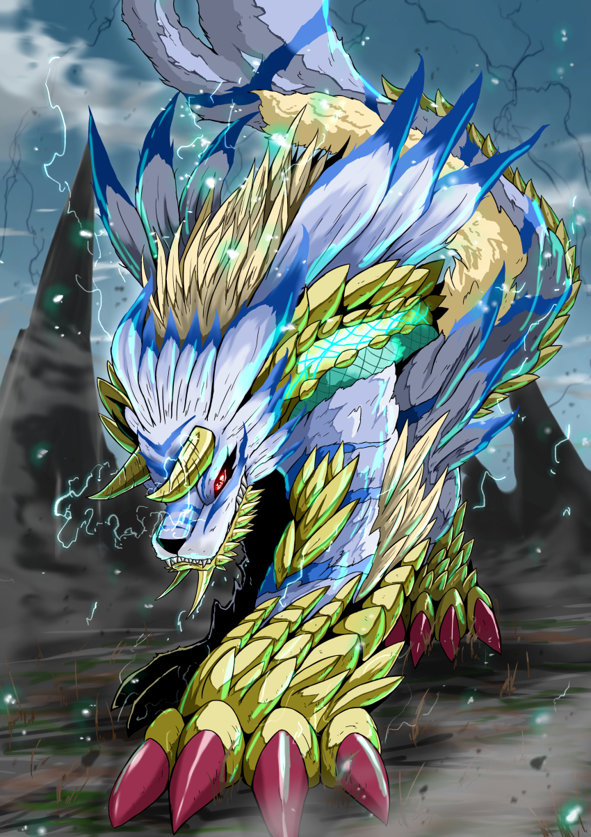 absurdres all_fours blue_fur blurry blurry_background body_fur colored_skin digimon digimon_(creature) electricity full_body highres horns monster_hunter_(series) no_humans red_eyes sawa_d scales sharp_teeth solo teeth yellow_skin zinogarurumon