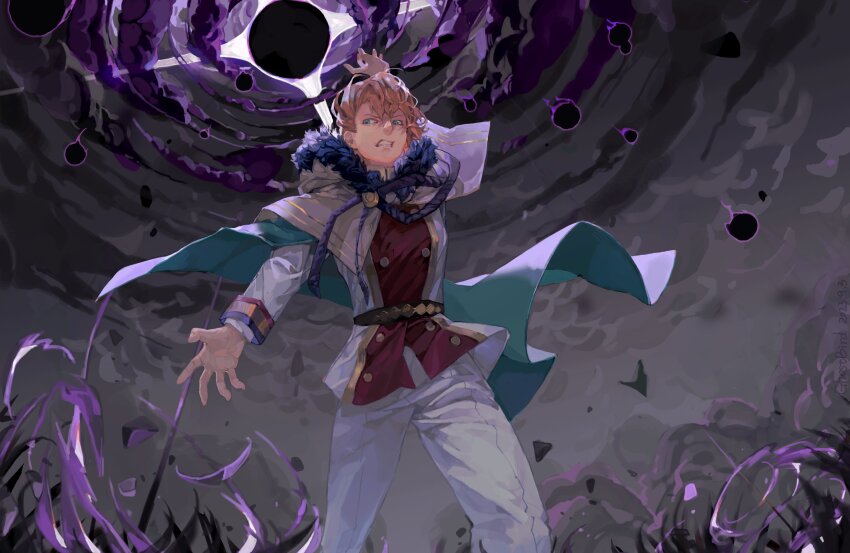 1boy absurdres aristocratic_clothes arm_up black_clover blue_cape blue_eyes brown_hair cape capelet clenched_teeth cloud dark_clouds energy_ball floating_cape from_below fur-trimmed_hood fur_trim gold_buttons grey_sky highres hood hood_down jacket langris_vaude long_sleeves looking_at_viewer looking_down magic pants powering_up red_jacket scowl short_hair sky teeth two-sided_cape two-sided_fabric v-shaped_eyebrows white_cape white_capelet white_jacket white_pants xingji20108