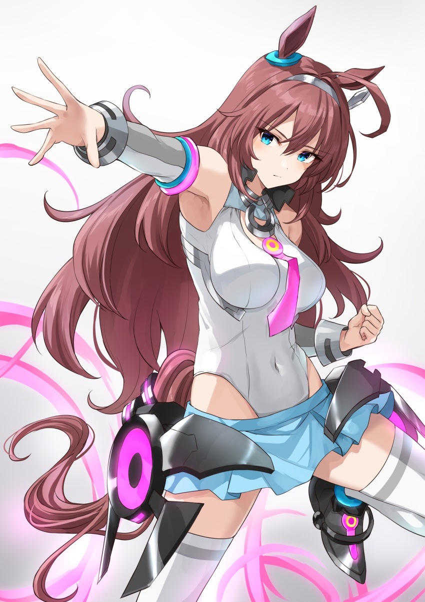1girl animal_ears blue_eyes blue_skirt breasts brown_hair commentary_request covered_navel gradient_background grey_background highres horse_ears horse_girl horse_tail kanaria_hisagi long_hair looking_at_viewer medium_breasts mihono_bourbon_(umamusume) necktie pink_necktie skirt solo tail thighhighs umamusume white_thighhighs