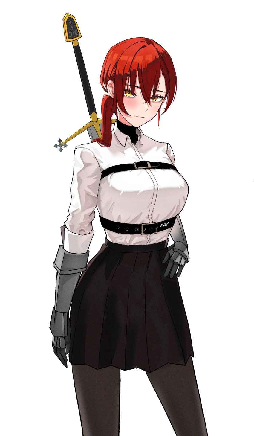1girl a5235 artist_name black_skirt black_undershirt breasts brown_pantyhose castle_knight_charlotte chest_belt collared_shirt contrapposto dress_shirt gauntlets greatsword hair_between_eyes highres large_breasts light_smile long_hair long_sleeves looking_at_viewer miniskirt pantyhose pleated_skirt red_hair shirt side_ponytail simple_background skirt solo sword sword_on_back turtleneck turtleneck_shirt virtual_youtuber waktaverse weapon weapon_on_back white_background white_shirt wing_collar yellow_eyes