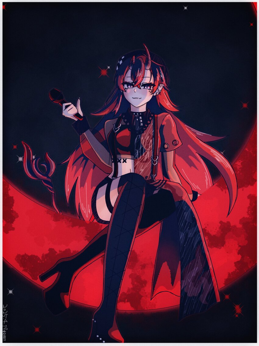 1girl absurdres asymmetrical_horns black_boots black_hair black_horns black_shirt boots border breasts closed_mouth commentary_request crossed_bangs demon_girl demon_horns demon_tail hair_between_eyes highres holding holding_microphone horns long_hair looking_at_viewer medium_breasts microphone moon multicolored_hair nanashi_inc. on_crescent pointy_ears red_eyes red_hair red_horns red_moon ryugasaki_rene ryugasaki_rene_(4th_costume) shirt short_sleeves smile solo tail thigh_boots two-tone_hair very_long_hair virtual_youtuber white_border you_mou