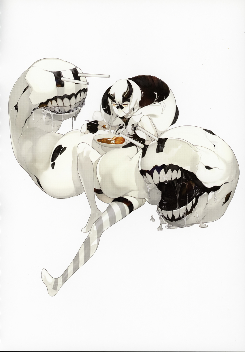 1girl abyssal_ship akira_(kadokawa) asymmetrical_horns colored_skin curry eating food full_body heavy_cruiser_princess highres hood hoodie horns kantai_collection official_art orange_eyes pale_skin saliva scan scan_artifacts spoon striped_clothes striped_thighhighs thighhighs katsu_(food) uneven_horns white_background white_hair white_skin