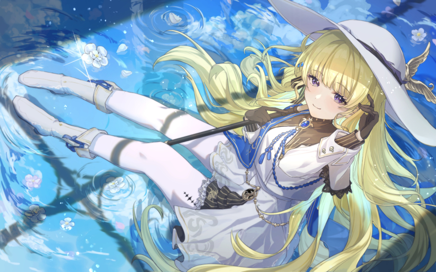 1girl black_collar black_gloves blonde_hair blue_gemstone blue_sash boots breasts closed_mouth collar commentary from_above from_side gem gloves hand_up hat highres holding holding_staff kaede_owo long_hair looking_at_viewer looking_to_the_side medium_breasts pantyhose phoebe_(wuthering_waves) purple_eyes ripples sash shirt sitting skirt smile solo staff tacet_mark_(wuthering_waves) water white_boots white_hat white_pantyhose white_shirt white_skirt wuthering_waves