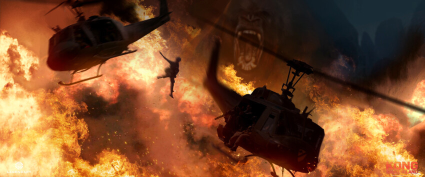 4boys aircraft animal ape battle commentary davepaget english_commentary falling fangs fire giant giant_monster gorilla gun helicopter highres holding holding_gun holding_weapon kaiju king_kong king_kong_(series) kong:_skull_island kong_(monsterverse) legendary_pictures machine_gun monster monsterverse movie_poster multiple_boys open_mouth oversized_animal roaring sharp_teeth smoke teeth weapon