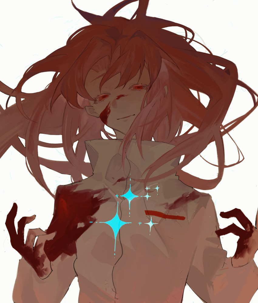 1boy blood blood_on_clothes blood_on_face blood_on_hands closed_mouth colored_eyelashes floating_hair hands_up hatsutori_hajime high_collar highres kuma_(yoooooooo152) long_hair long_sleeves male_focus parted_bangs pink_hair red_eyes saibou_shinkyoku shirt simple_background smile solo sparkle upper_body white_background white_shirt
