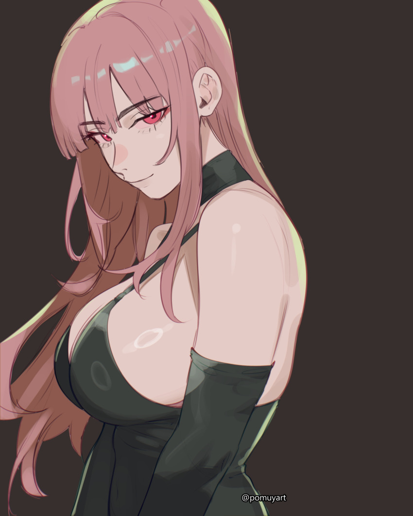1girl alternate_costume black_dress blunt_bangs breasts closed_mouth commentary detached_sleeves dress english_commentary from_side grey_background highres hololive hololive_english large_breasts long_hair looking_at_viewer mori_calliope pink_eyes pink_hair pomuya sideboob sidelocks simple_background sleeveless sleeveless_dress smile solo upper_body virtual_youtuber