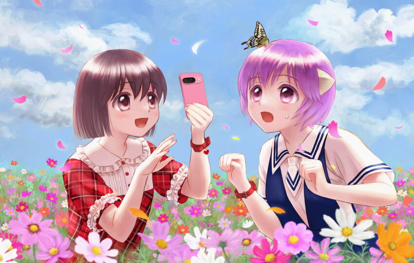 2girls blue_sky blush brown_hair bug butterfly butterfly_on_head buttons cellphone cloud commission cosmos_(flower) day dress elfen_lied fingernails flower highres horns insect mayu_(elfen_lied) multiple_girls nana_(elfen_lied) open_mouth outdoors petals phone pink_flower purple_eyes purple_hair red_dress short_hair skeb_commission sky smartphone yutaka_dao