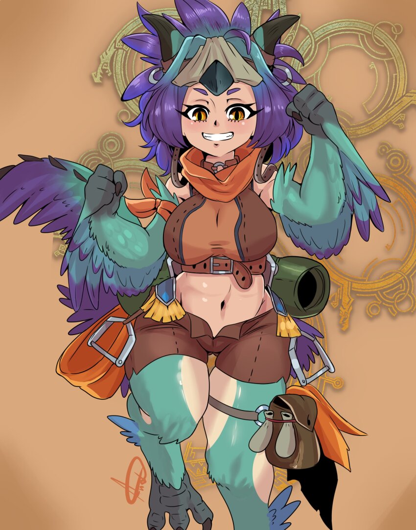 1girl a.c._hunter absurdres blush breasts choker commentary crop_top digitigrade english_commentary feathers green_feathers green_hair grin harpy highres large_breasts leather_belt leather_shorts looking_at_viewer medium_hair midriff monster_girl monster_hunter_(series) navel o-ring o-ring_choker o-ring_thigh_strap open_fly partially_feathered_tail personification purple_feathers purple_wings seikret_(monster_hunter) smile standing standing_on_one_leg talons thigh_strap two-tone_wings wings yellow_eyes