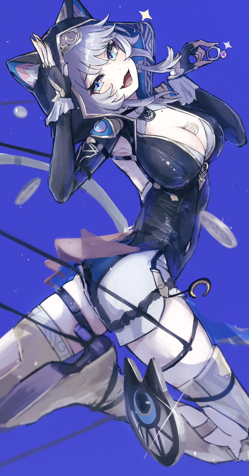 1girl absurdres animal_ear_fluff animal_ears animal_hood armored_boots between_breasts black_gloves blue_background boots breasts cat_ears cat_girl cat_hood cat_tail cipher_(honkai:_star_rail) coin commentary_request elbow_gloves fang fingerless_gloves gloves gold_boots gold_coin highres holding holding_jewelry holding_ring honkai:_star_rail honkai_(series) hood jewelry large_breasts mole mole_on_breast ring sanshoku_dango_(shukosuko) short_hair_with_long_locks short_shorts shorts skin_fang solo tail thighs white_shorts