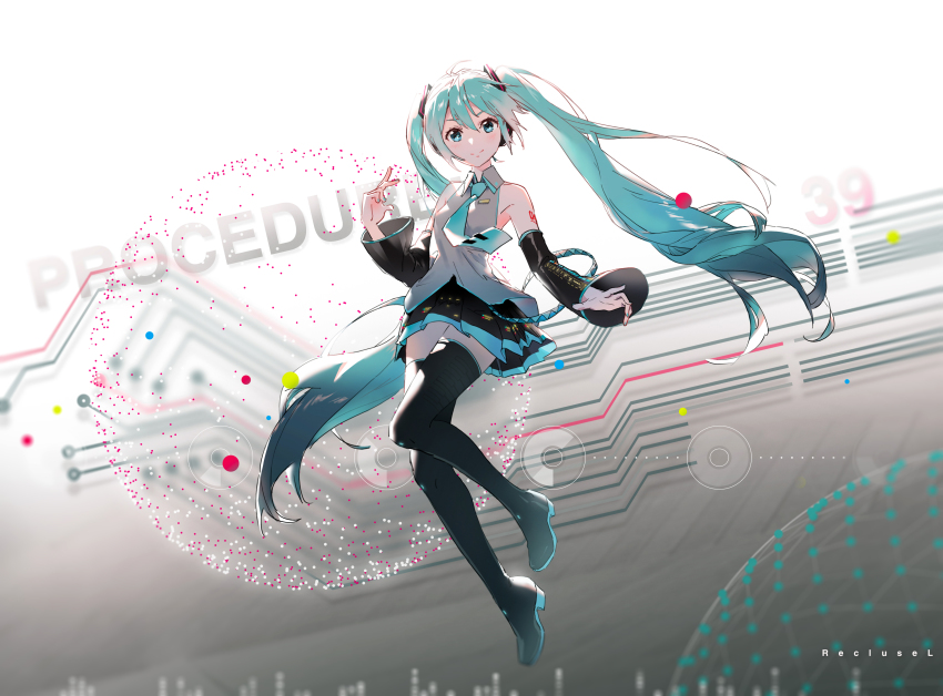 1girl 39 absurdres aqua_eyes aqua_hair aqua_nails aqua_necktie bare_shoulders black_skirt black_sleeves black_thighhighs commentary detached_sleeves dots floating full_body graphic_equalizer grey_shirt hair_ornament hatsune_miku headphones highres light_smile long_hair looking_at_viewer miniskirt nail_polish necktie pleated_skirt recluseying39 shirt shoulder_tattoo skirt sleeveless sleeveless_shirt solo tattoo thighhighs twintails very_long_hair vocaloid zettai_ryouiki