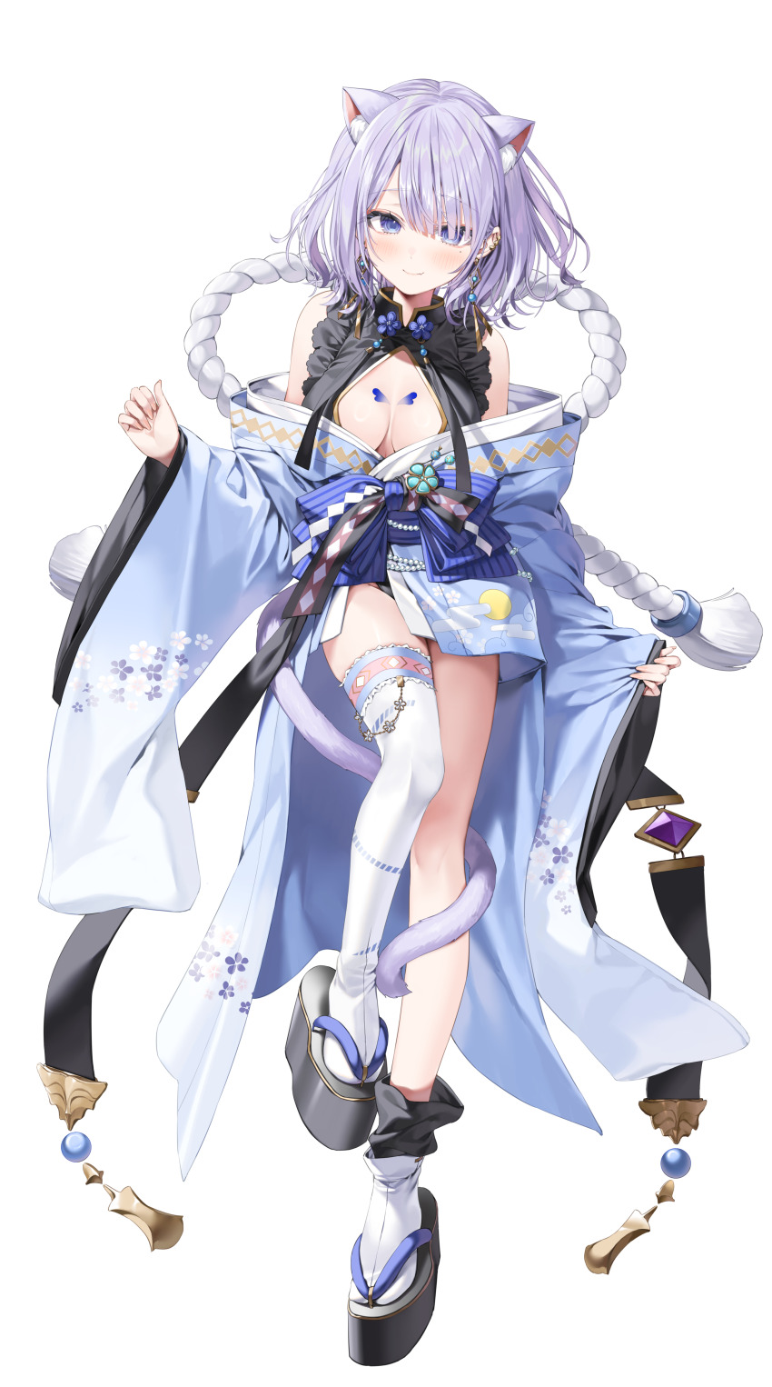1girl absurdres animal_ears black_sandals black_shirt blue_kimono blunt_bangs bob_cut breasts cat_ears cat_girl cat_tail cleavage cleavage_cutout closed_mouth clothing_cutout commission fang floral_print floral_print_kimono full_body furisode_sleeves gold_trim hair_over_one_eye hand_up highres indie_virtual_youtuber japanese_clothes kimono light_blush light_smile looking_at_viewer manmaru_(vtuber) mole mole_under_eye off_shoulder okobo pinching_sleeves platform_clogs platform_sandals print_kimono purple_eyes purple_hair purple_sash sandals sash second-party_source shirt short_hair simple_background single_bare_leg single_thighhigh skin_fang skinny solo tachi-e tail tail_around_own_leg tassel thighhighs transparent_background white_thighhighs yana_mori