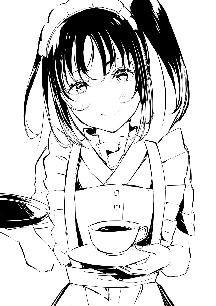 1girl absurdres apron blush commentary cup greyscale highres holding holding_plate holding_tray kazuno_sarah long_hair looking_at_viewer love_live! love_live!_sunshine!! maid_apron maid_headdress monochrome plate side_ponytail sidelocks solo tea teacup tommer tray upper_body white_background