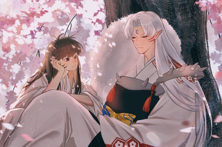 1boy 1girl aaamber_22 armor brown_eyes brown_hair cherry_blossoms closed_eyes crescent crescent_facial_mark demon_boy facial_mark falling_petals forehead_mark head_on_hand highres inuyasha japanese_armor japanese_clothes kimono looking_at_another parted_bangs petals pink_petals pointy_ears rin_(inuyasha) sesshoumaru shoulder_spikes sitting spikes tree under_tree white_fur white_hair white_kimono