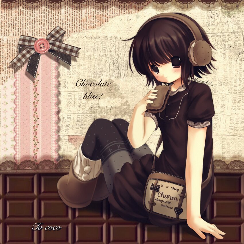 1girl 2000s_(style) bag boots bow brown_boots brown_eyes brown_hair brown_theme chocolate commentary dress earmuffs english_text food from_behind full_body hashtag-only_commentary highres holding holding_food ice_cream ice_cream_sandwich jelly_(bonnybel) looking_at_viewer looking_back newsprint_background original pom_pom_(clothes) s&#039;more short_sleeves sitting solo