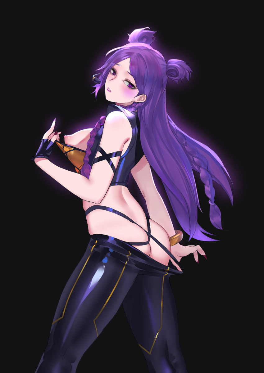 1girl ass bare_shoulders beagle black_background black_gloves black_pants blush braid breasts bustier clothes_pull double_bun female_focus fingerless_gloves gloves hair_bun headset highres k/da_(league_of_legends) k/da_kai&#039;sa kai&#039;sa league_of_legends long_hair looking_at_viewer looking_back makeup medium_breasts nail_polish nipples pants pants_pull pd_(pdpdlv1) purple_eyes purple_hair purple_nails skindentation solo suspenders tight_clothes tight_pants very_long_hair