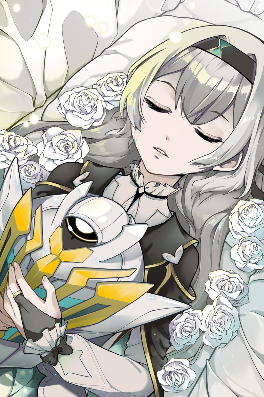 1girl absurdres black_bow black_hairband black_jacket black_ribbon bow bridal_gauntlets closed_eyes collared_shirt death facing_viewer firefly_(honkai:_star_rail) flower frills from_above funeral grey_hair hair_between_eyes hair_bow hair_intakes hairband highres holding honkai:_star_rail honkai_(series) jacket long_hair long_sleeves lying on_back parted_lips pillow ribbon robot rose shirt sidelocks solo upper_body white_bow white_flower white_rose white_shirt