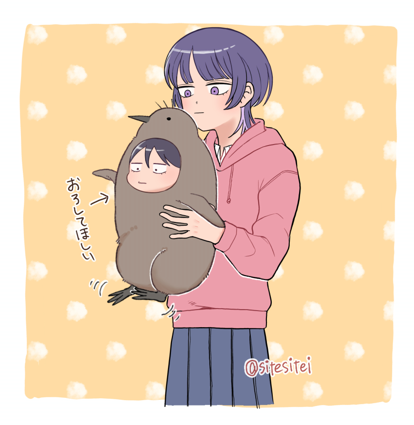 2girls :| animal_costume arrow_(symbol) bird blue_skirt blunt_bangs carrying carrying_person chibi closed_mouth collared_shirt fujii_ayame futsuu_no_keion-bu hatono_chihiro highres holding_chibi hood hood_down hoodie motion_lines multiple_girls penguin penguin_costume pink_hoodie pleated_skirt purple_eyes purple_hair school_uniform shirt short_hair sitesitei skirt standing stuffed_animal stuffed_toy white_shirt wolf_cut